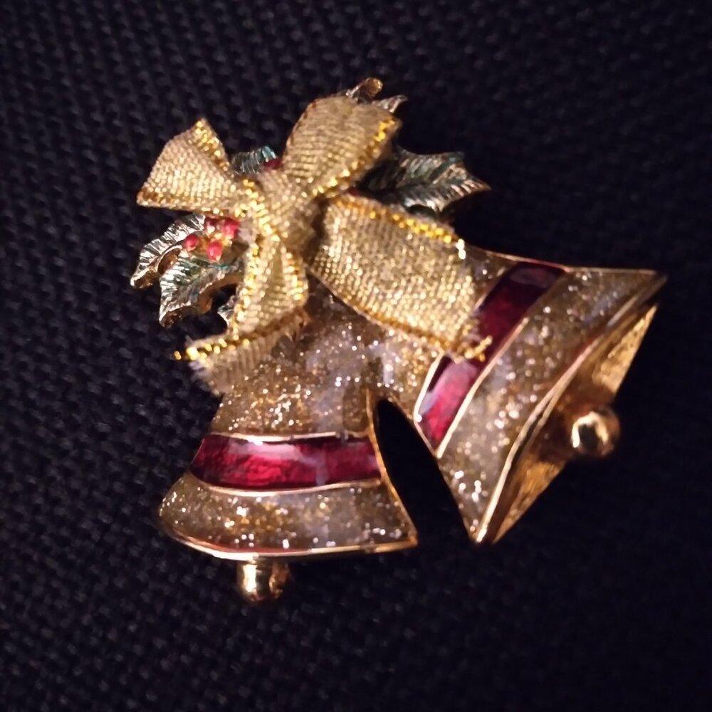 Vintage Holiday Bells with ribbon and Holly Brooch